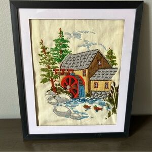 Vintage Framed Crewel Embroidery Pine Valley Mill Cottage Water Wheel
